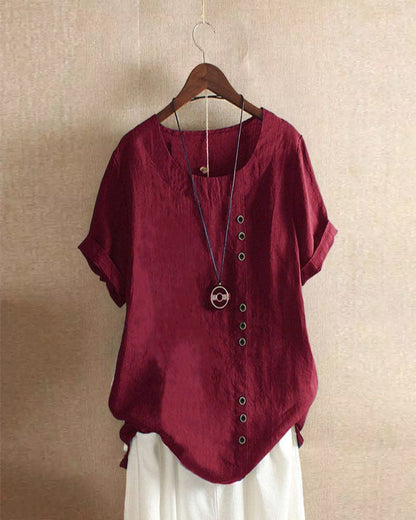 Women's Short Sleeve Blouse with Rolled Sleeves, Round Neck, and Buttons - 11