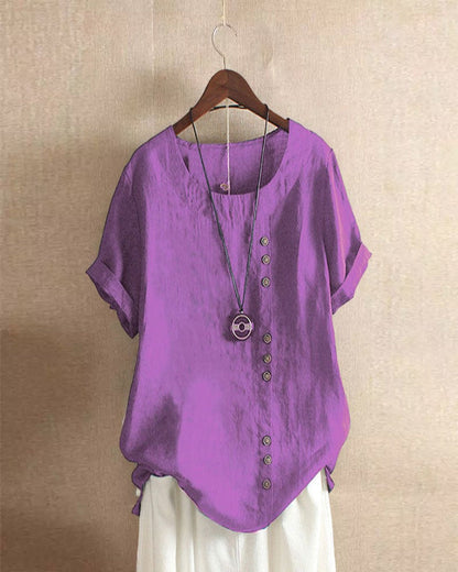 Women's Short Sleeve Blouse with Rolled Sleeves, Round Neck, and Buttons - 12