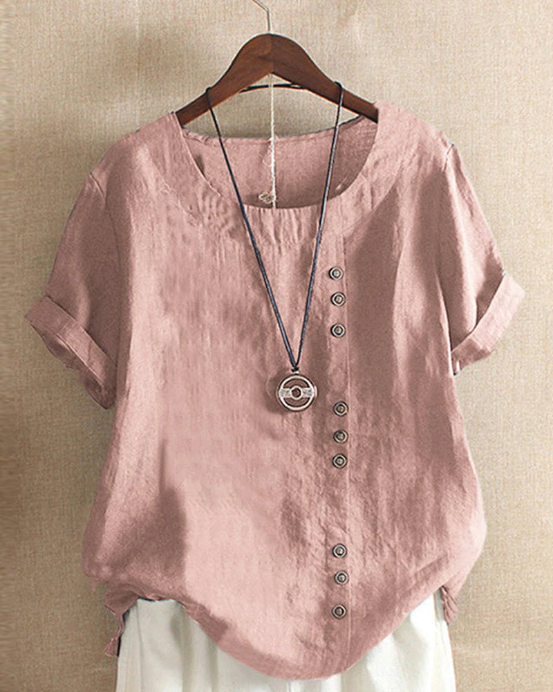 Femme Blouse Manches Courtes Retroussées col Rond avec Boutons