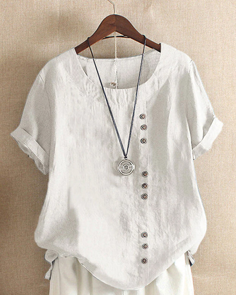 Women's Short Sleeve Blouse with Rolled Sleeves, Round Neck, and Buttons - 3