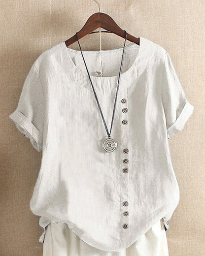 Women's Short Sleeve Blouse with Rolled Sleeves, Round Neck, and Buttons - 3
