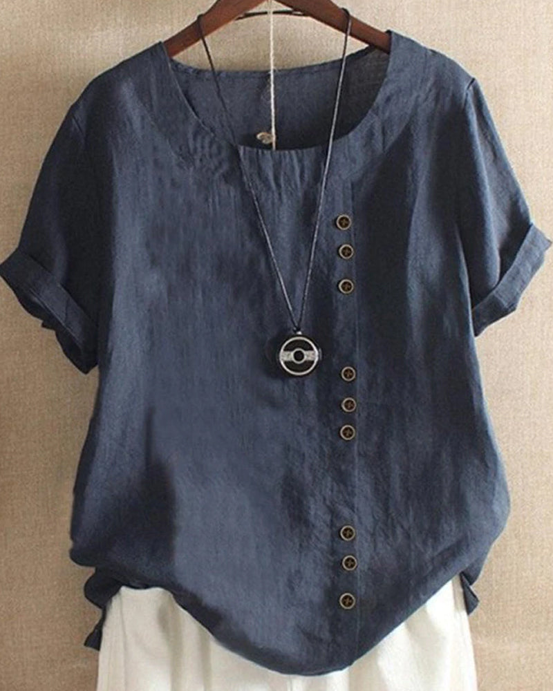 Women's Short Sleeve Blouse with Rolled Sleeves, Round Neck, and Buttons - 5