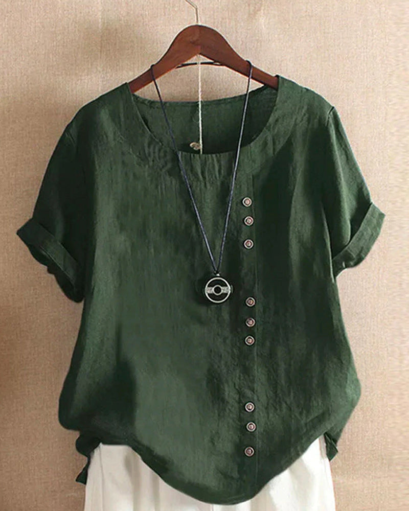 Femme Blouse Manches Courtes Retroussées col Rond avec Boutons