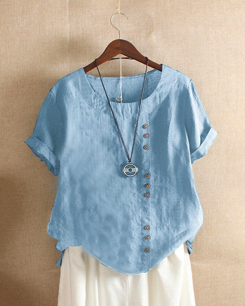 Femme Blouse Manches Courtes Retroussées col Rond avec Boutons