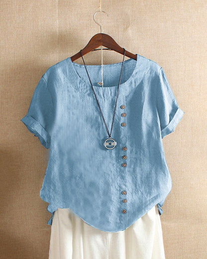 Women's Short Sleeve Blouse with Rolled Sleeves, Round Neck, and Buttons - 9