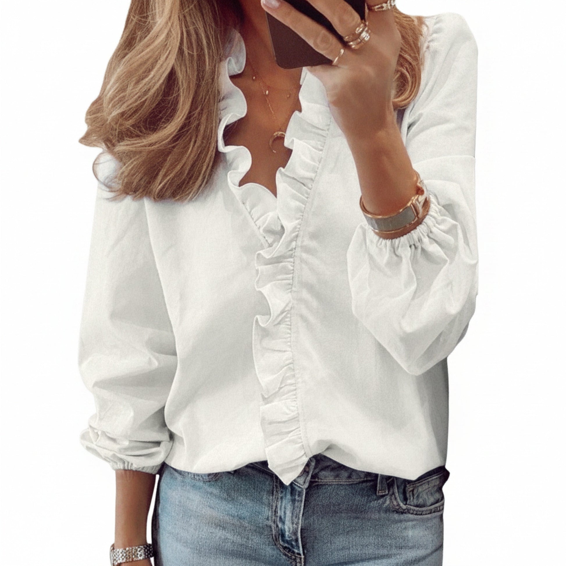 Femme Blouse Manches Longues à Col V avec Volants