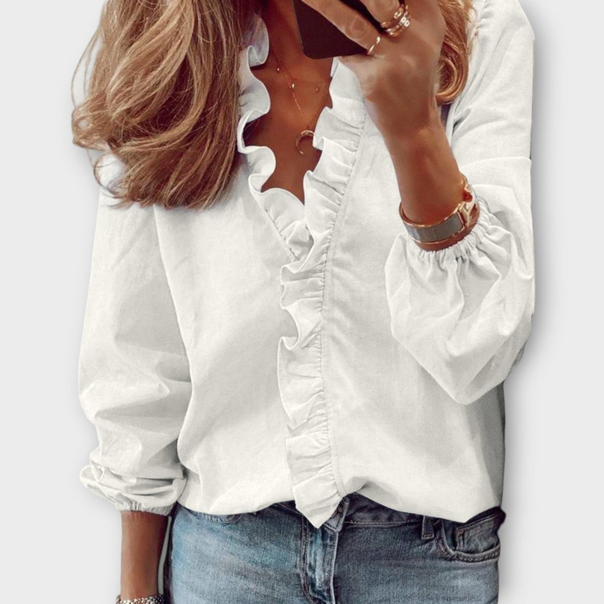 Femme Blouse Manches Longues à Col V avec Volants