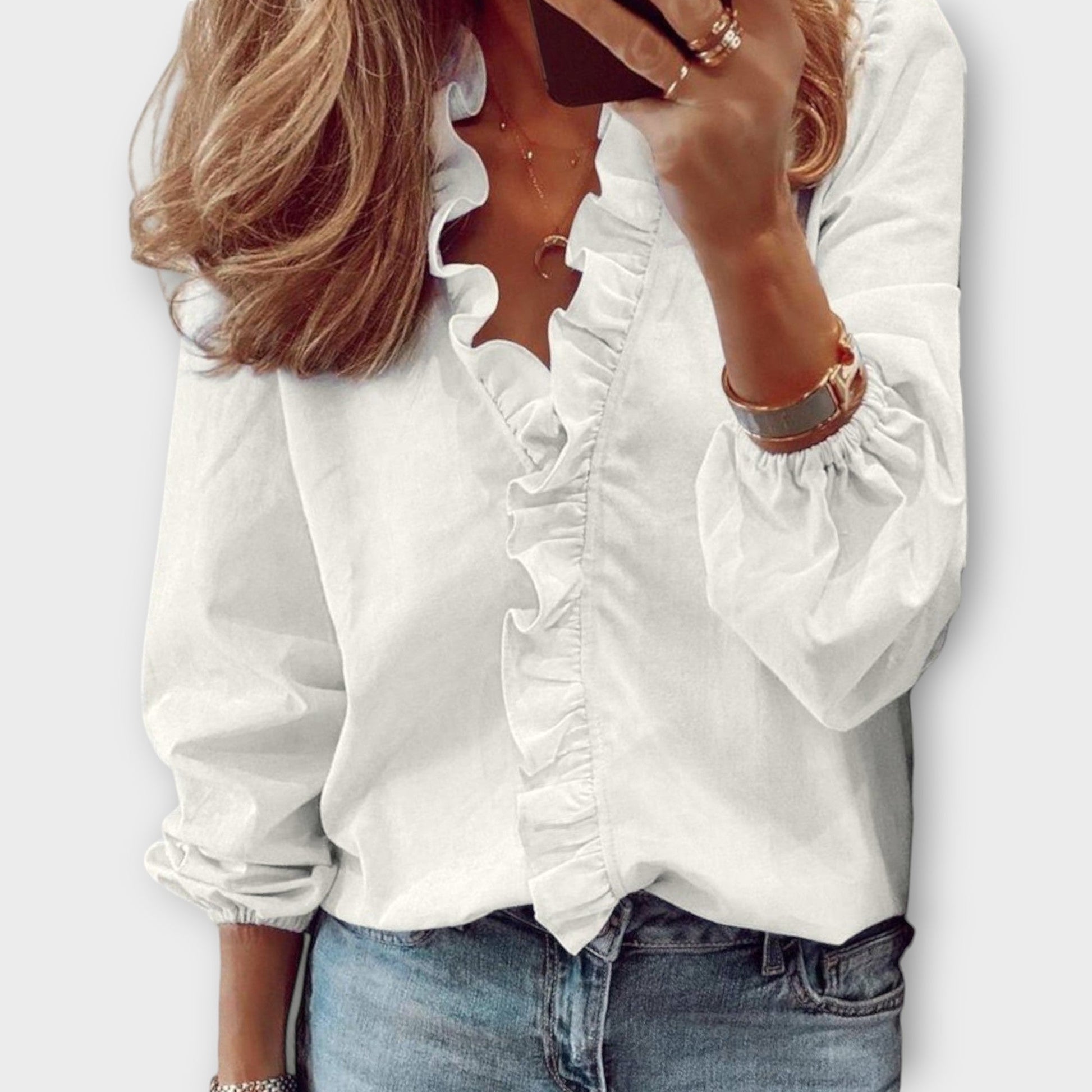 Femme Blouse Manches Longues à Col V avec Volants
