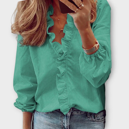 Femme Blouse Manches Longues à Col V avec Volants