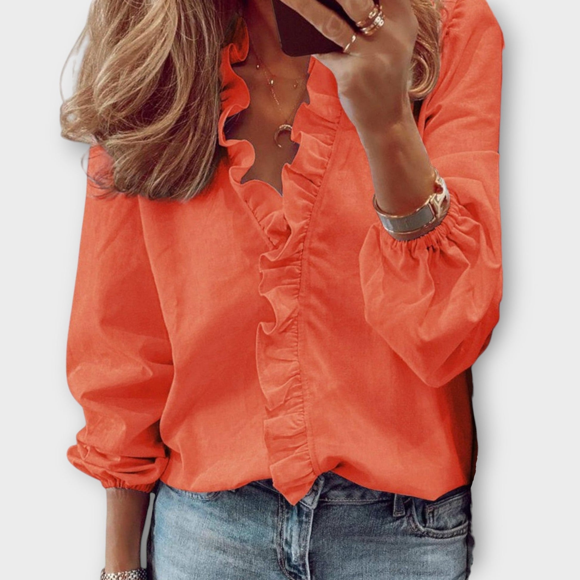 Femme Blouse Manches Longues à Col V avec Volants