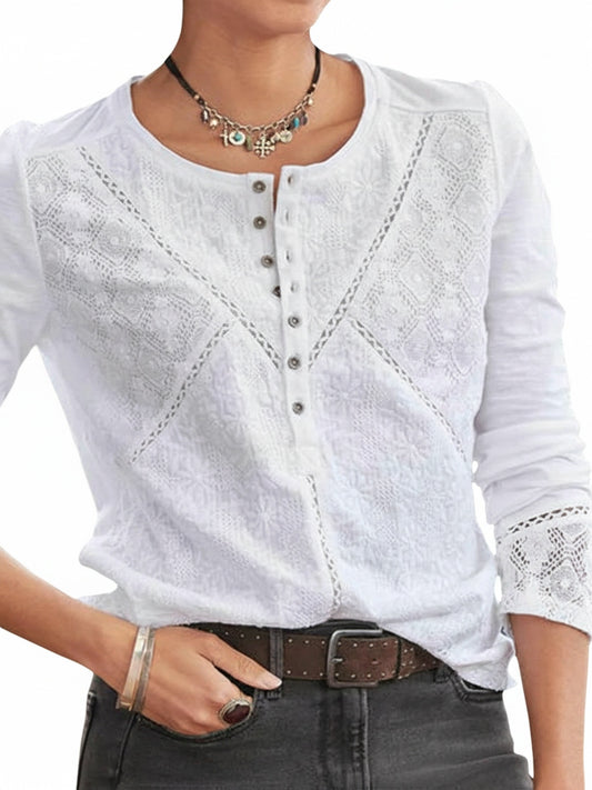 Femme Blouse Manches Longues avec Col Rond et Détails en Dentelle