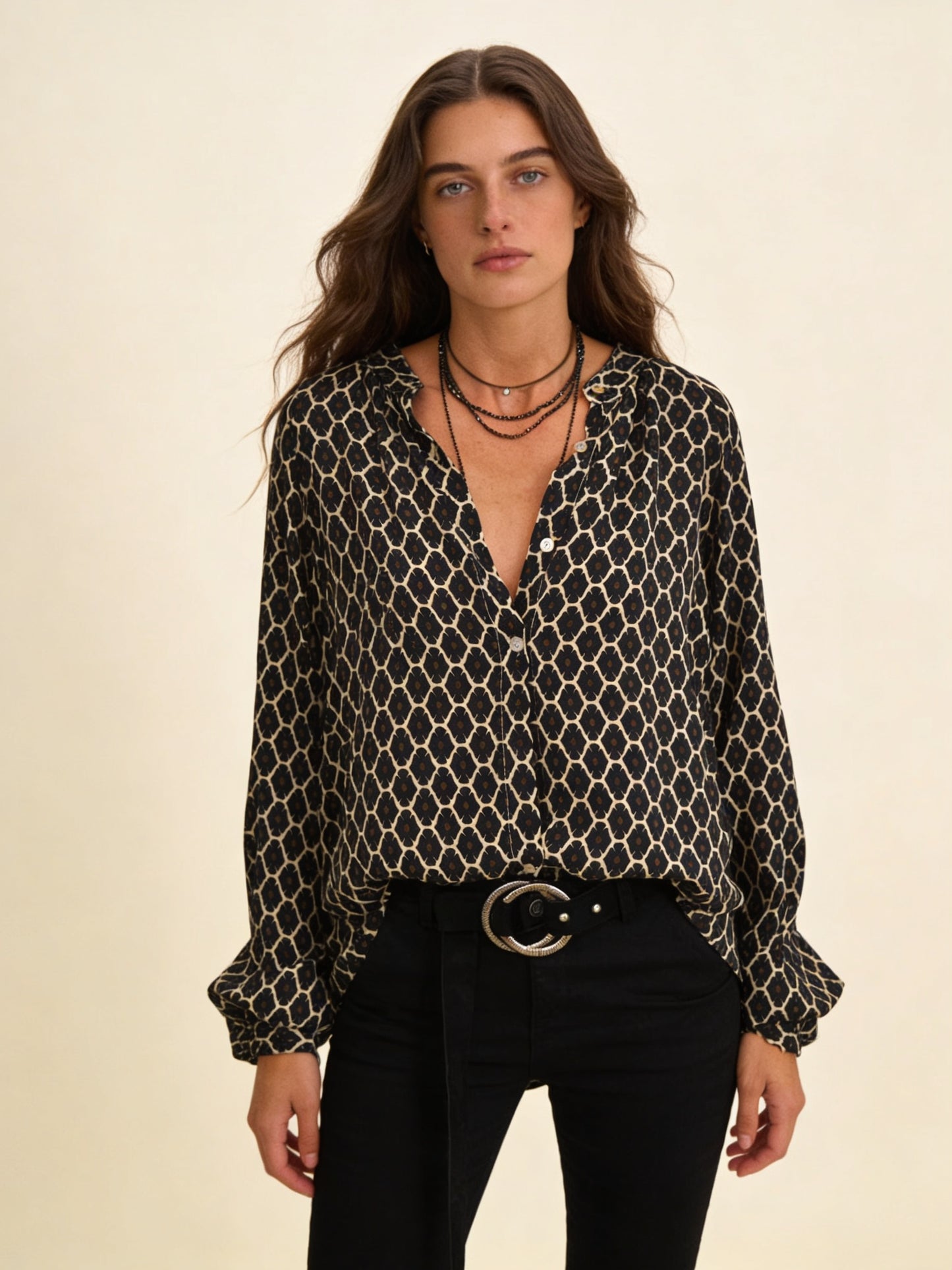Femme Blouse Manches Longues Encolure V et Imprimé Géométrique 1