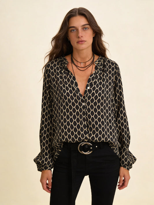 Femme Blouse Manches Longues Encolure V et Imprimé Géométrique 1