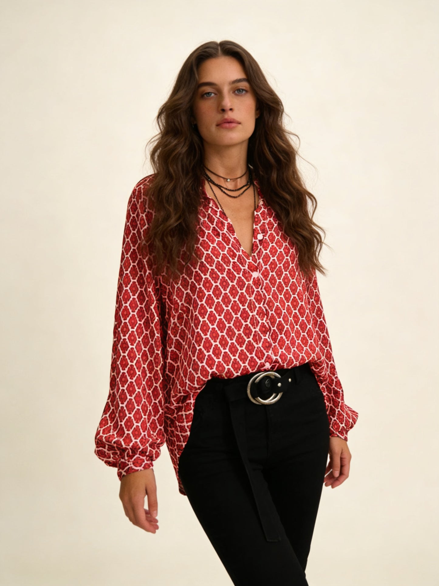 Femme Blouse Manches Longues Encolure V et Imprimé Géométrique 4