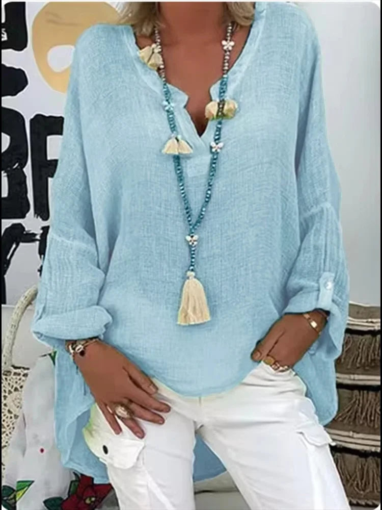 Women's Oversized Long Sleeve Blouse with V-Neck - 2