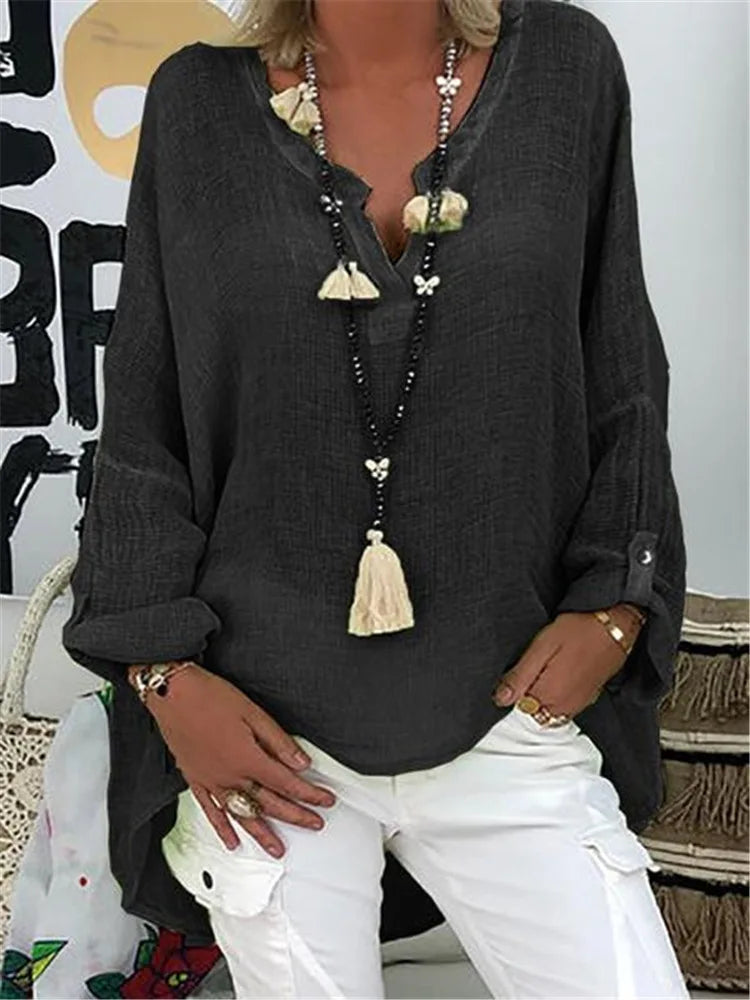 Femme Blouse Oversize Manches Longues avec Col en V