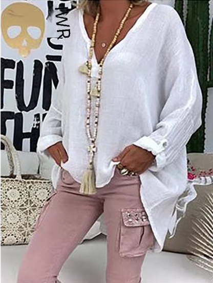 Women's Oversized Long Sleeve Blouse with V-Neck - 5
