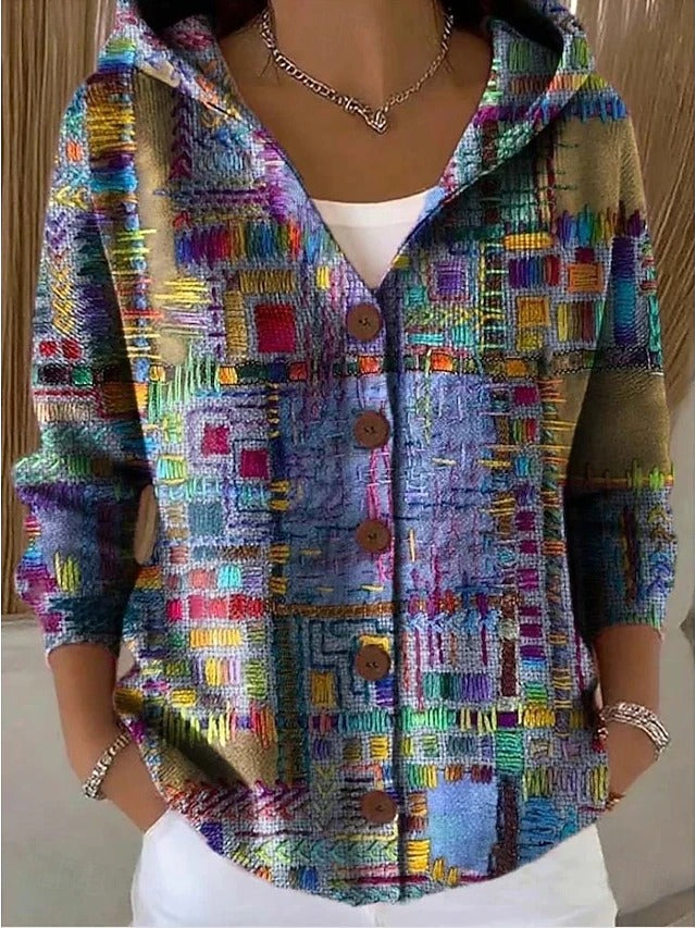 Femme Cardigan à Capuche avec Boutons et Imprimé