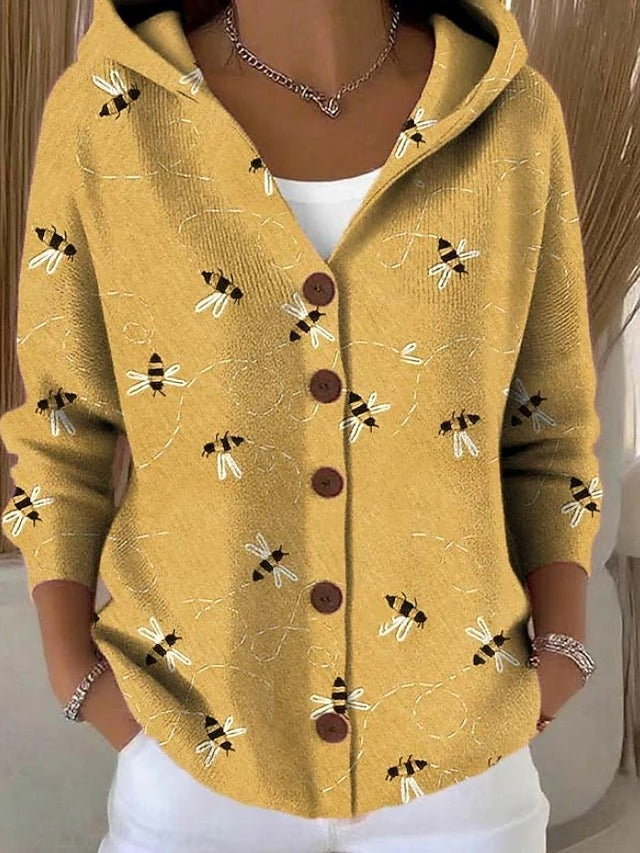 Women's Hooded Cardigan with Buttons and Print - 3