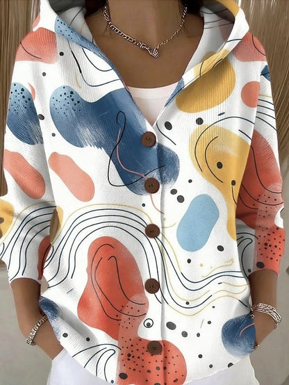 Women's Hooded Cardigan with Buttons and Print - 4