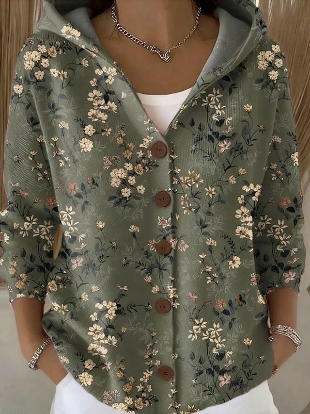 Women's Hooded Cardigan with Buttons and Print - 5