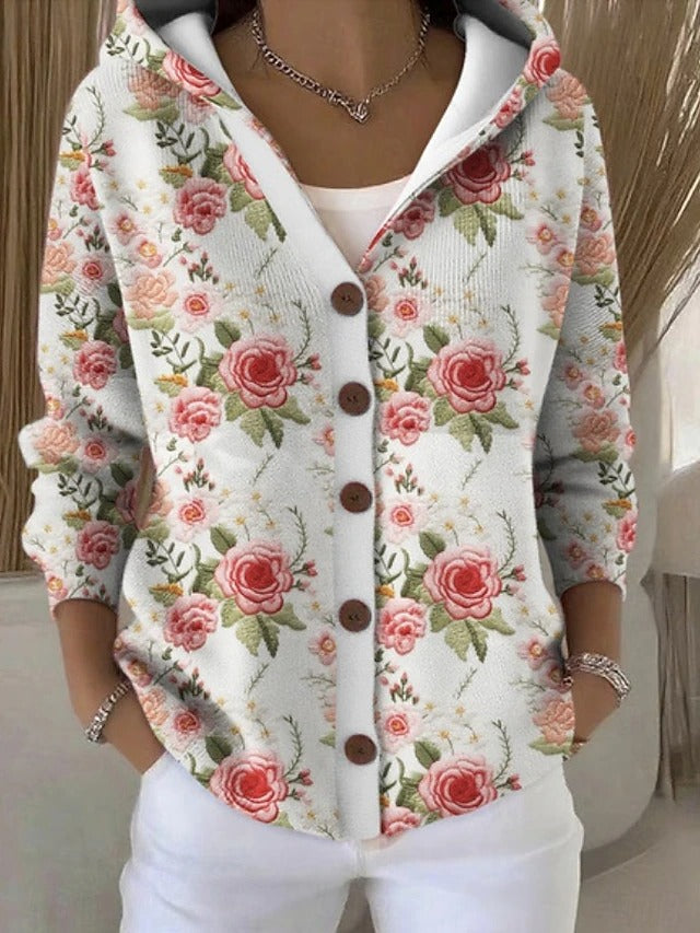 Femme Cardigan à Capuche avec Boutons et Imprimé