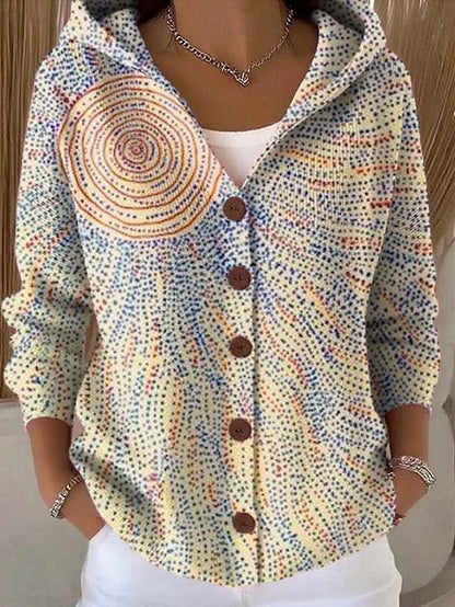 Women's Hooded Cardigan with Buttons and Print - 7