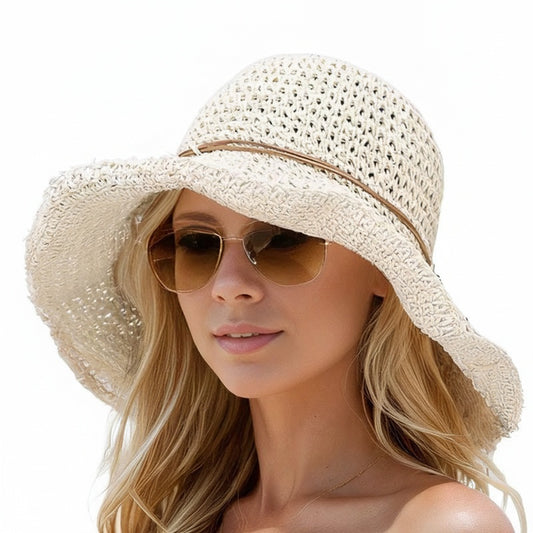 Women's Straw Hat with Wide Braided Brim and Foldable Design - 1