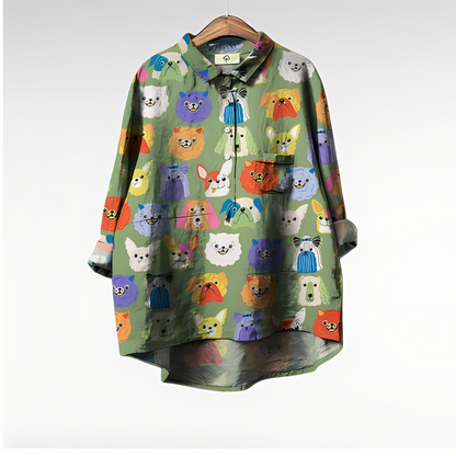 Women's Oversized Long Sleeve Shirt with Dog Print - 4