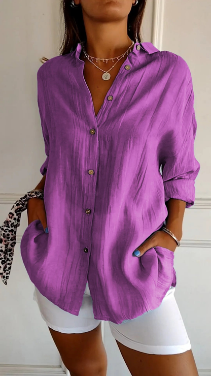 Women's Oversized Shirt with Long Sleeves, Collar, and Button Placket - 10