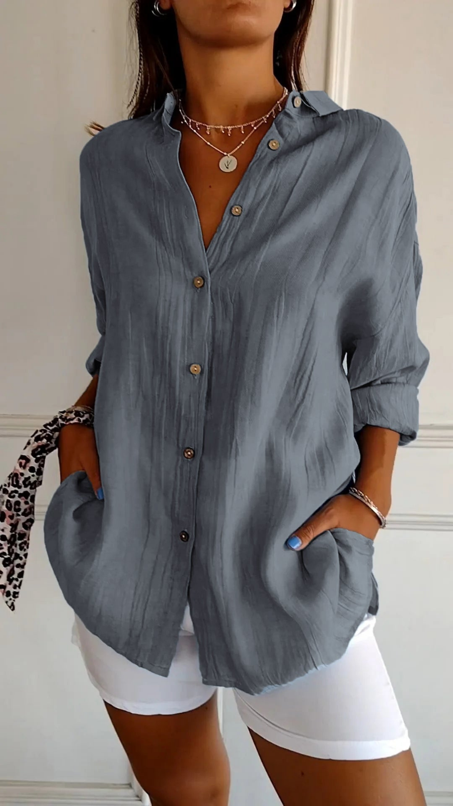 Women's Oversized Shirt with Long Sleeves, Collar, and Button Placket - 11