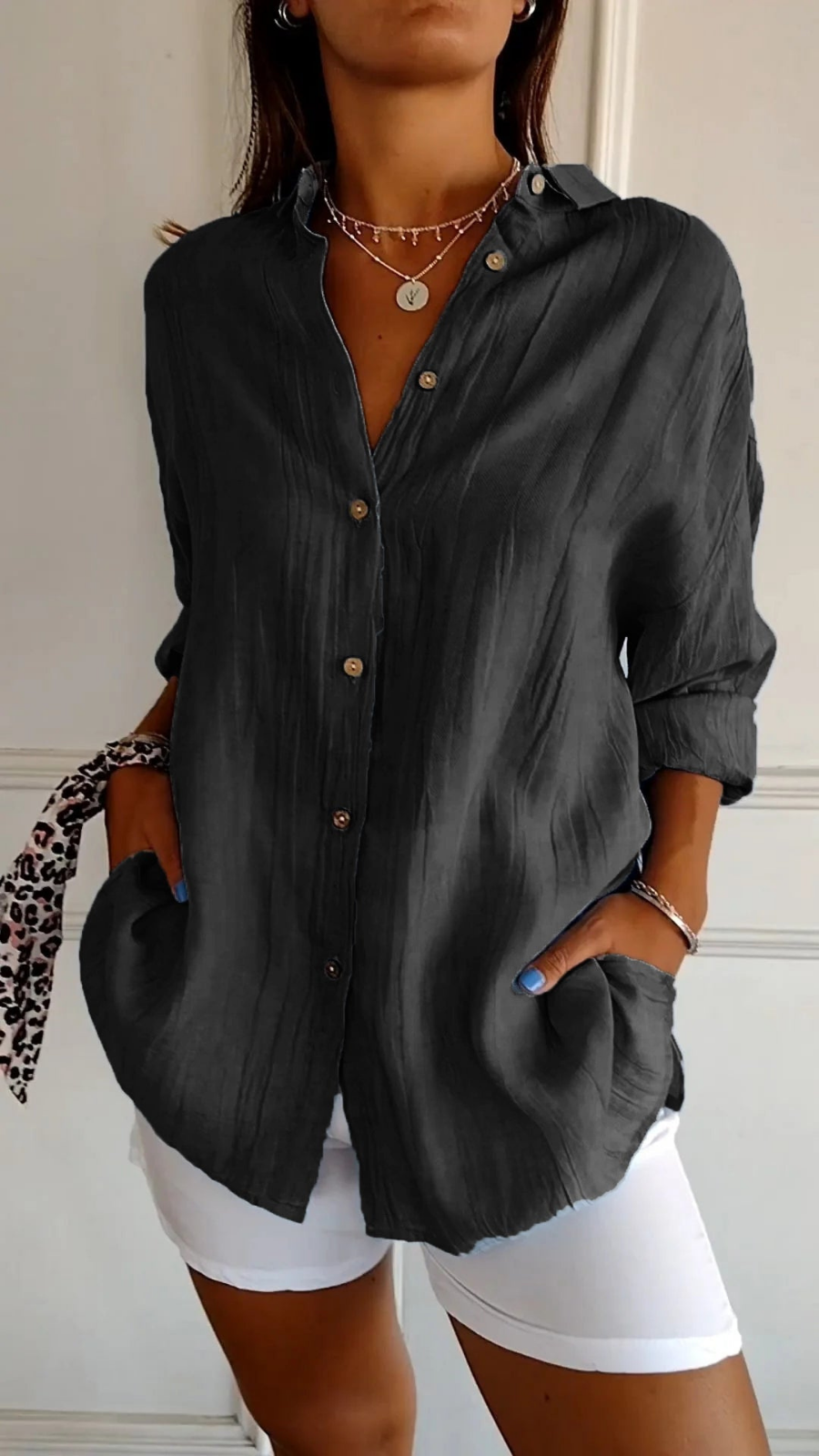 Femme Chemise Oversize Longue Manches Longues avec Col et Boutonnière