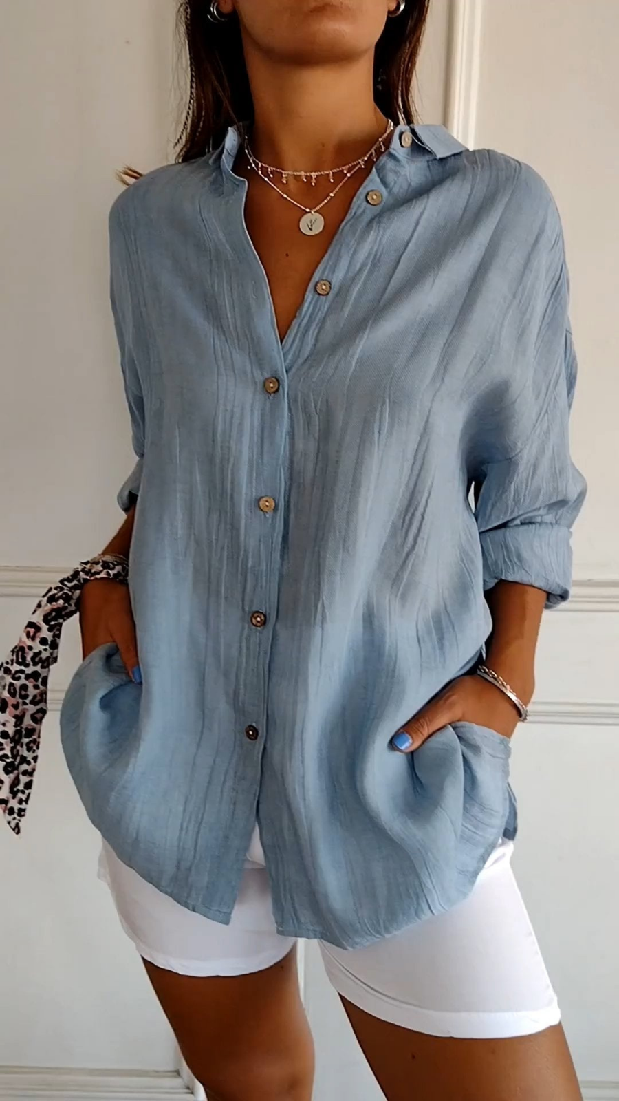 Femme Chemise Oversize Longue Manches Longues avec Col et Boutonnière