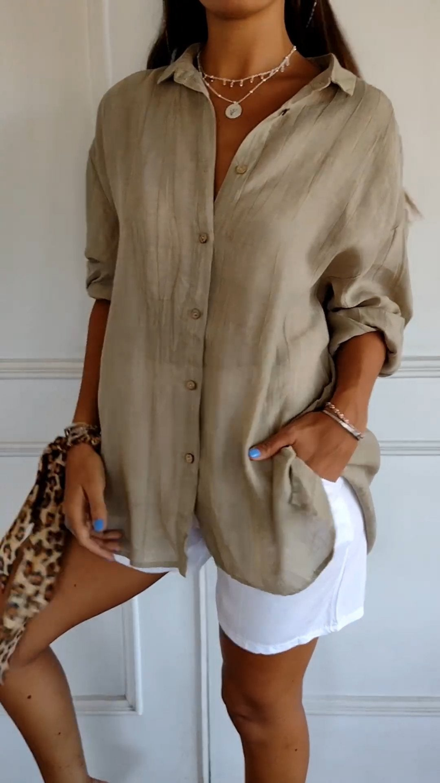 Women's Oversized Shirt with Long Sleeves, Collar, and Button Placket - 3