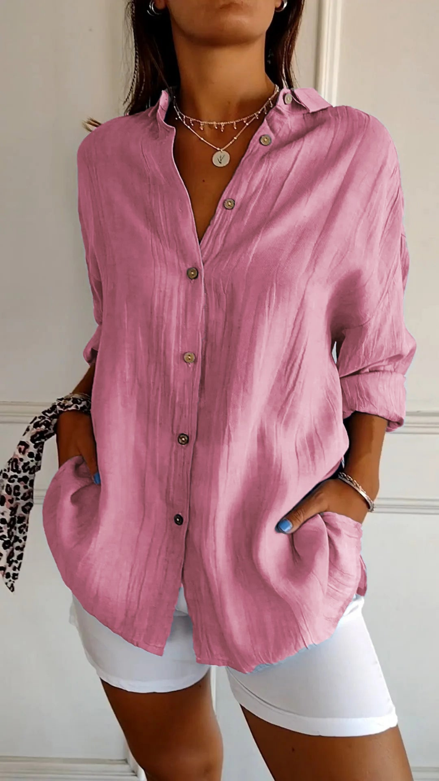Women's Oversized Shirt with Long Sleeves, Collar, and Button Placket - 4