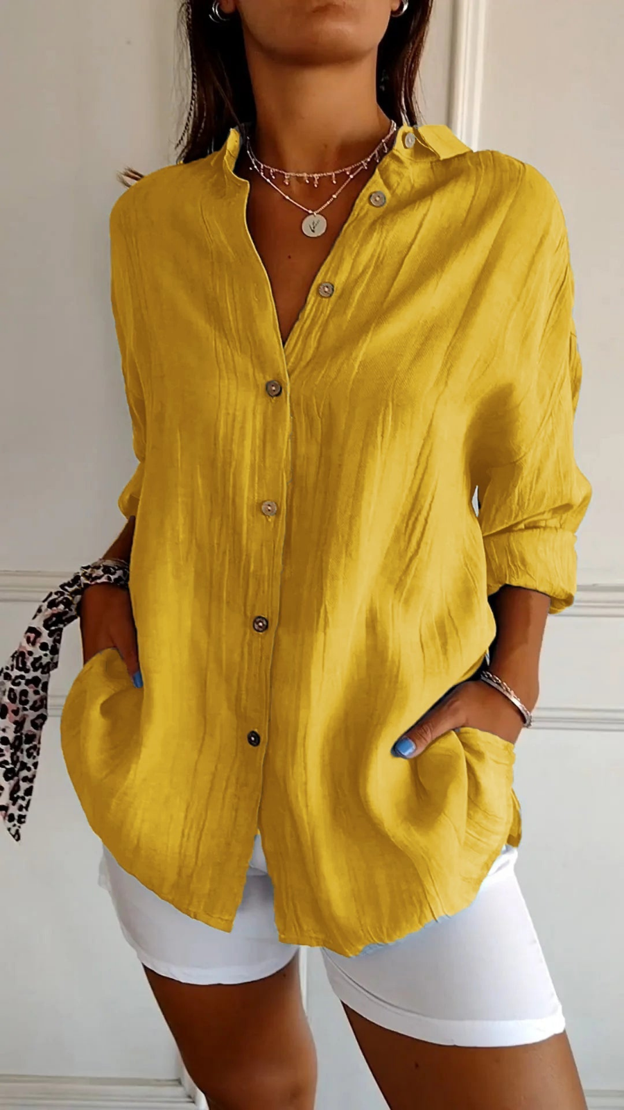 Femme Chemise Oversize Longue Manches Longues avec Col et Boutonnière