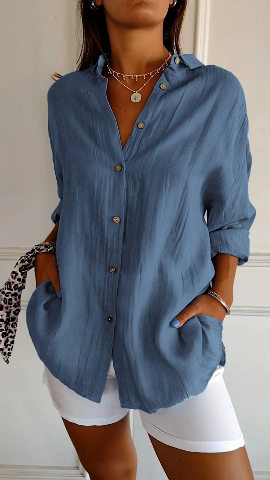 Femme Chemise Oversize Longue Manches Longues avec Col et Boutonnière