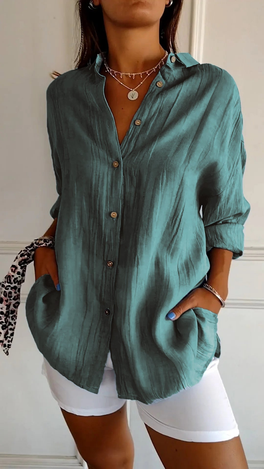 Women's Oversized Shirt with Long Sleeves, Collar, and Button Placket - 7