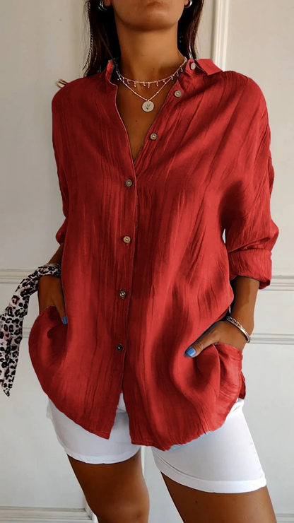 Women's Oversized Shirt with Long Sleeves, Collar, and Button Placket - 8
