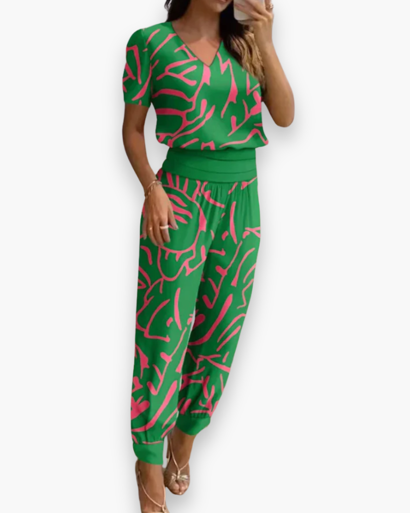 Women's Short Sleeve V-Neck Jumpsuit with Elastic Waist - 9