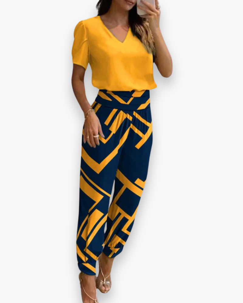 Women's Short Sleeve V-Neck Jumpsuit with Elastic Waist - 10