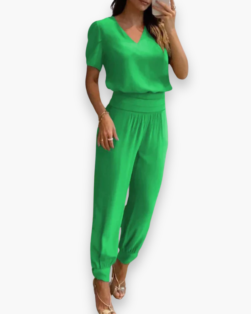 Women's Short Sleeve V-Neck Jumpsuit with Elastic Waist - 2
