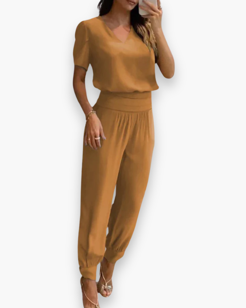 Women's Short Sleeve V-Neck Jumpsuit with Elastic Waist - 3
