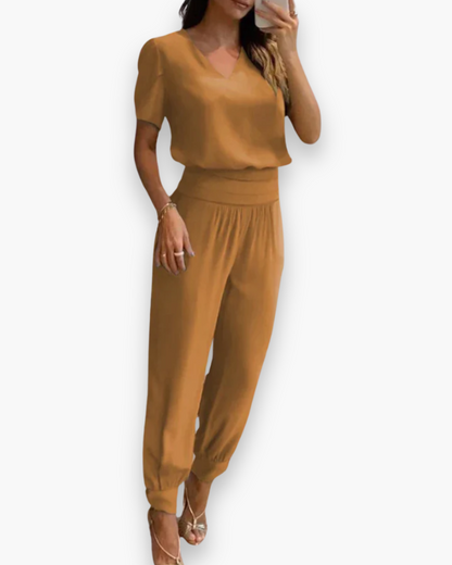 Women's Short Sleeve V-Neck Jumpsuit with Elastic Waist - 3