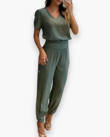 Women's Short Sleeve V-Neck Jumpsuit with Elastic Waist - 4