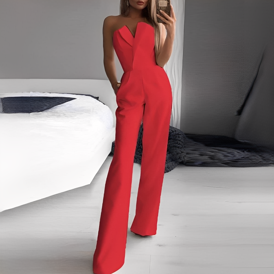 Women's Strapless Jumpsuit with V-Neck and Wide Legs - 3
