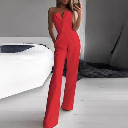 Women's Strapless Jumpsuit with V-Neck and Wide Legs - 3