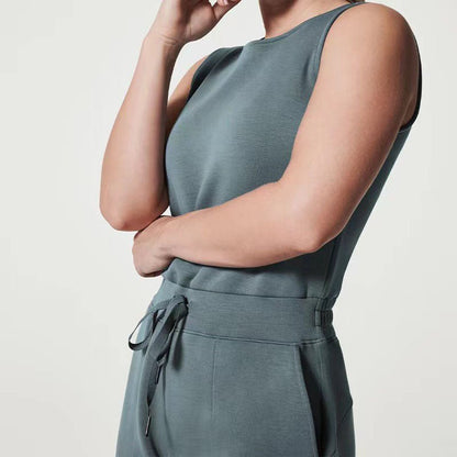 Women’s Sleeveless Jumpsuit with Wide Legs, Round Neck and Adjustable Belt - 6