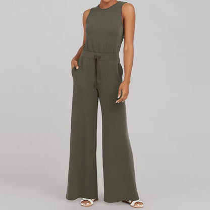 Women’s Sleeveless Jumpsuit with Wide Legs, Round Neck and Adjustable Belt - 8