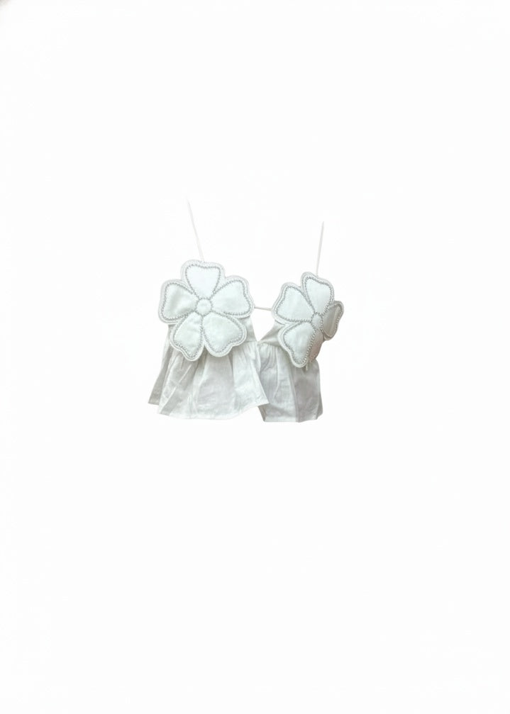 Femme Crop Top sans Manches à Appliques Florales et Bretelles Fines